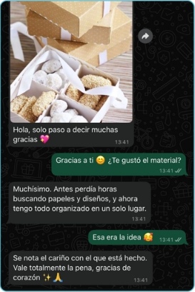 Conversación de WhatsApp: Antes perdía horas buscando papeles y diseños, y ahora tengo todo organizado en un solo lugar.