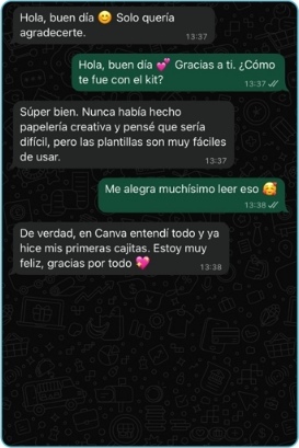 Conversación de WhatsApp: En Canva entendí todo y ya hice mis primeras cajitas. Estoy muy feliz, gracias por todo.