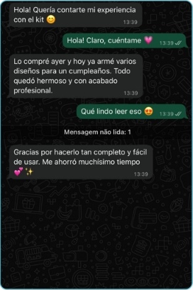 Conversación de WhatsApp: Lo compré ayer y hoy ya armé varios diseños para un cumpleaños. Todo quedó hermoso y con acabado profesional.