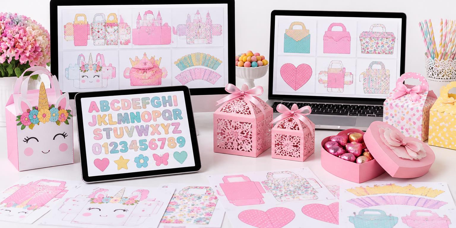 Kit de papelería para fiestas con moldes en pantallas, cajitas rosas, bolsas de unicornio y letras de colores